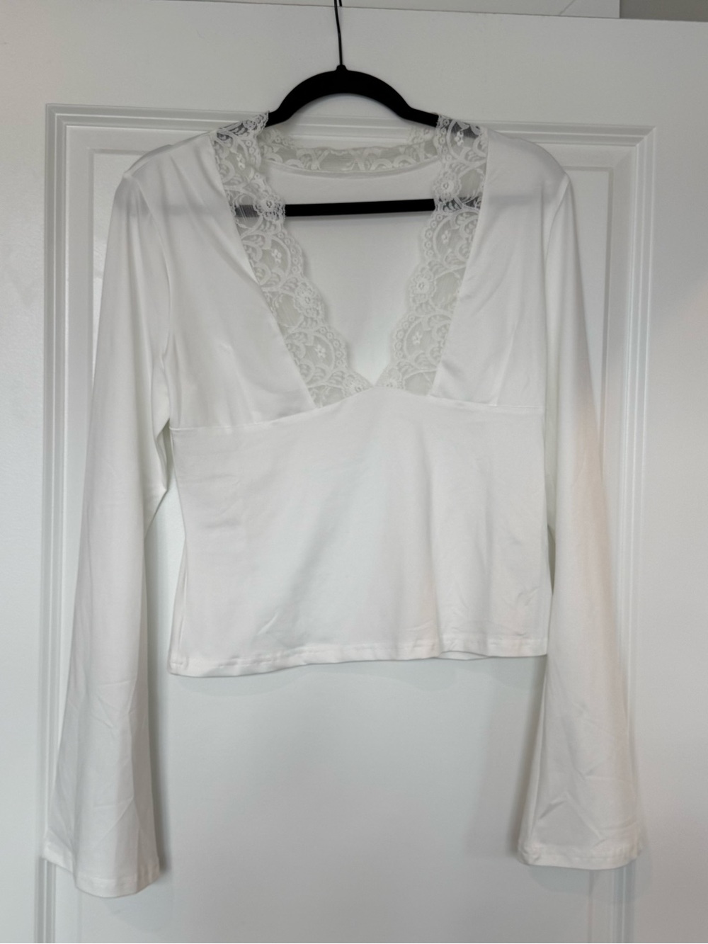White Lace Deep V Neck Long Sleeve Top